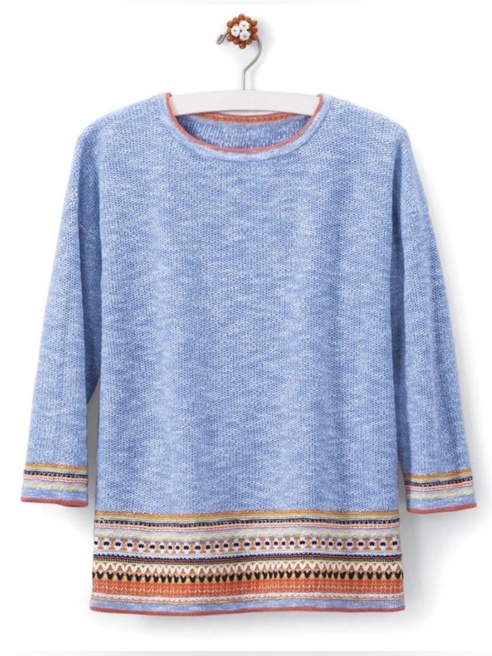 NorthStyle Fair Isle Border Hem Sweater Blue Multi 100% Cotton